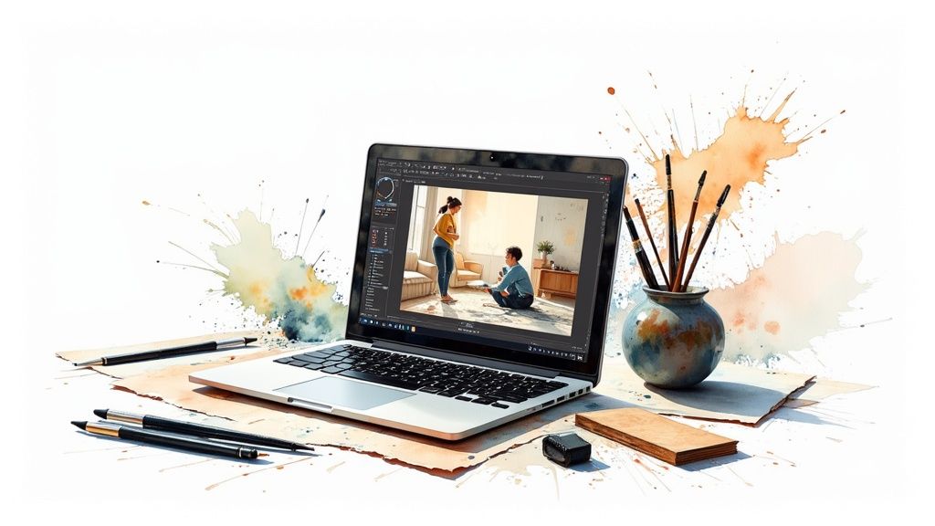 A graphic designer is working on a laptop, designing a logo.