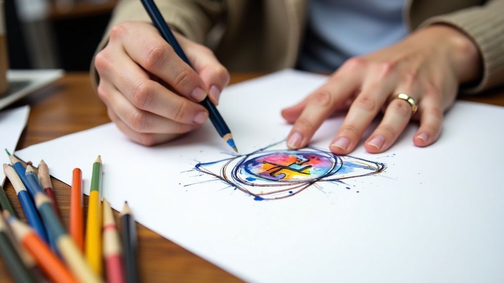 A graphic designer is working on a laptop, designing a logo.