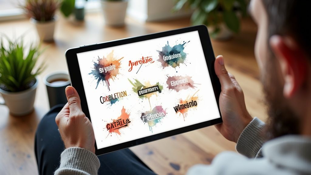 A graphic designer is working on a laptop, designing a logo.