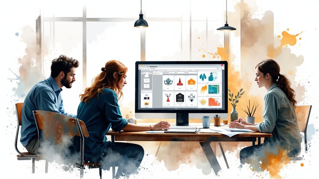 A graphic designer is working on a laptop, designing a logo.